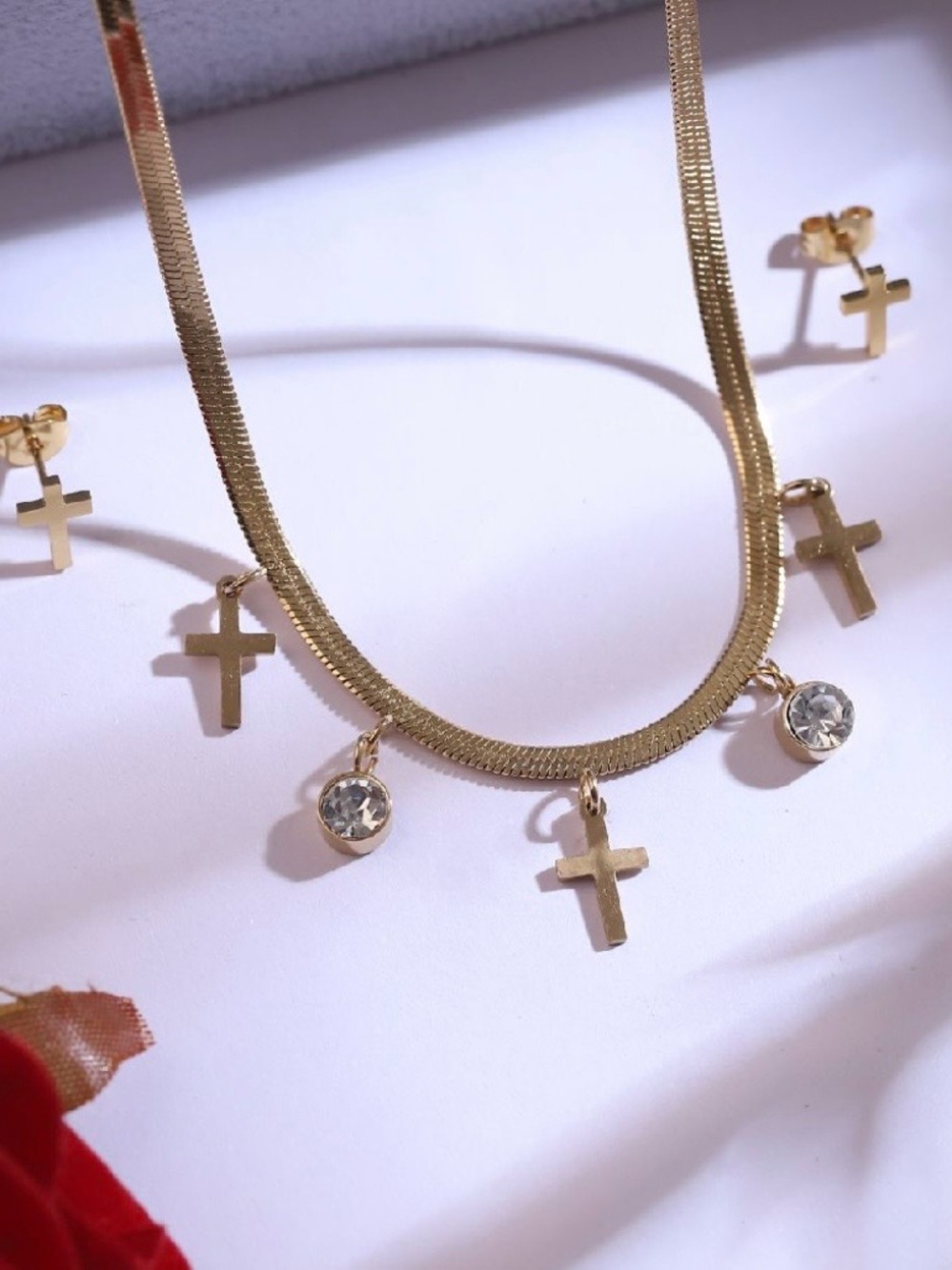 Gold Cross Charm Necklace with Crystal Drops - Women's Jewelry